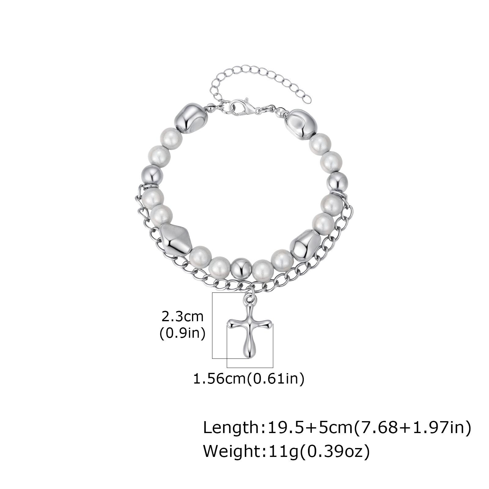 Vintage Double Layer Metal Cross Irregular Beaded Bracelet for Men, Stainless Steel Chain Bracelet, Fashion Punk Jewelry