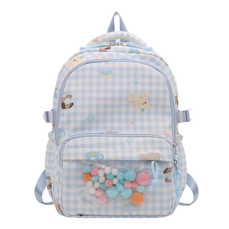 Cartoon Cat Pattern Women's Backpack Plaid Schoolbag