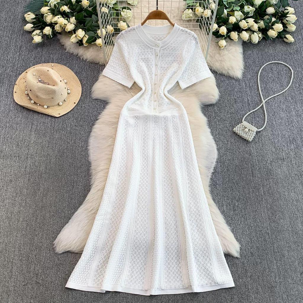 Rochie Lungă Elegantă S5 Primăvară/Vară cu Imprimeu Floral Francez, Decolteu Rotund, cu Nasturi