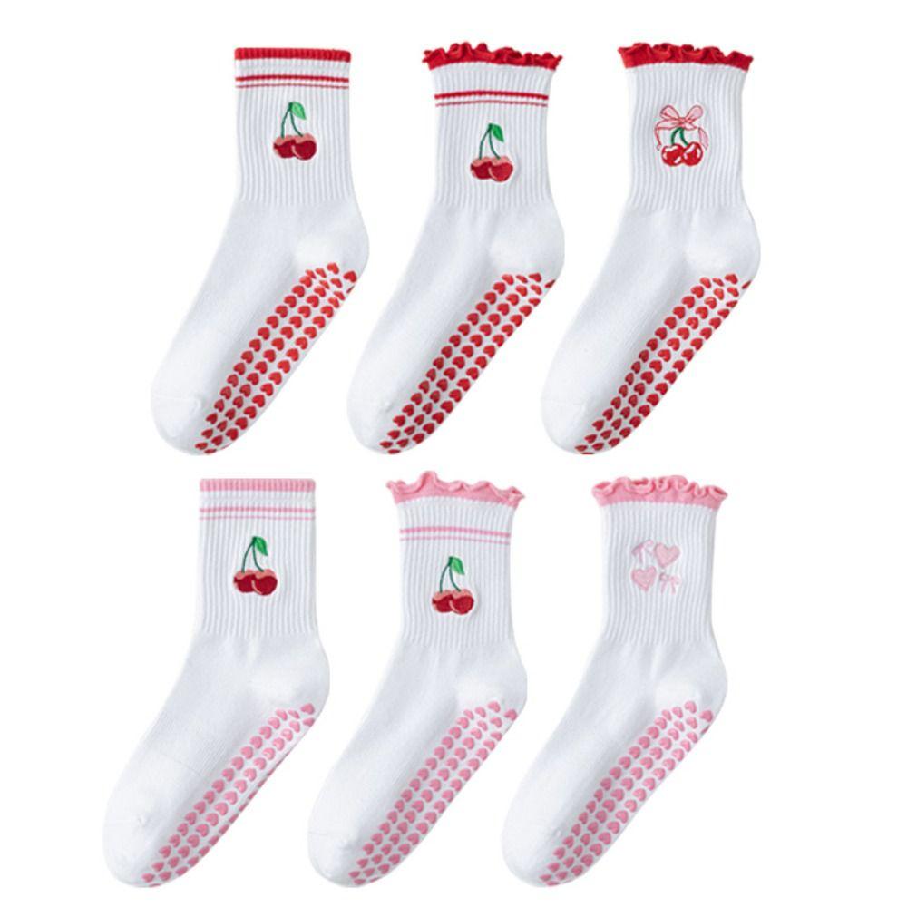 Breathable Yoga Socks Cotton Cherry Embroidery Socks New Mid Tube Socks