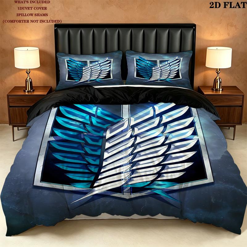 Attack Titan Pattern Bedding Quilt Set Quilt Cover Pillowcase Home Birthday Gift(1 * Duvet Cover + 2 * Pillowcase, Without Core)