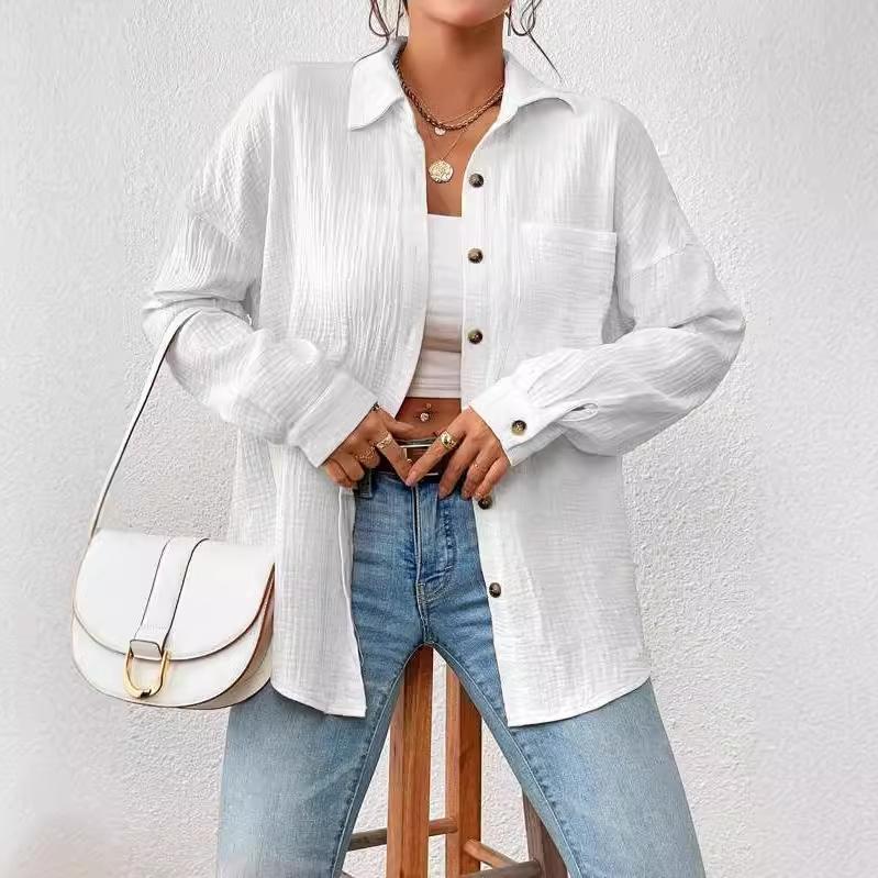 Camicie da Donna in Garza di Cotone Mussola Top Casual con Collo a Revers Manica Lunga Bluse Eleganti da Ufficio per Donne Blusas
