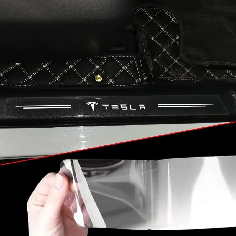 Bilklistermärke 2025 Ny Tesla 4 st Biltröskelskydd Genomskinligt Dekorativt Märkesklistermärke Biltillbehör för Tesla Model 3