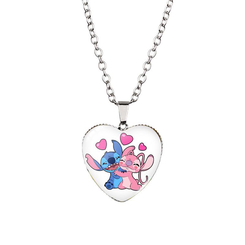 Adorable Stitch Cartoon Heart Necklace For Kids With Stunning Glass Pendant And Alloy Chain