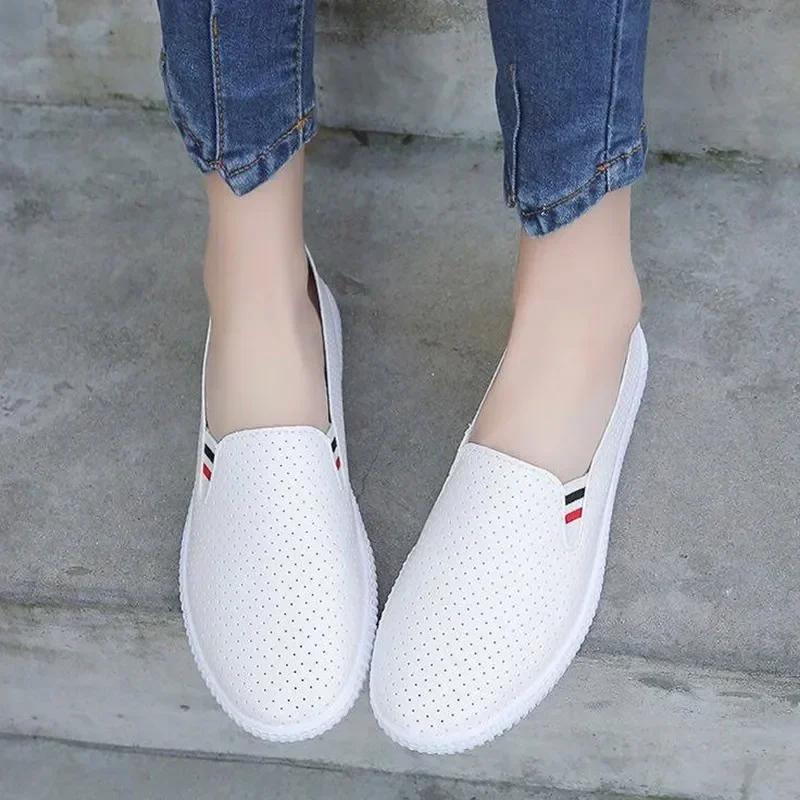 White Flats Cut-Out Woman Loafers Leather Slip On Shoes Low Heels Casual Shoes Espadrilles Ladies Shoes Women Sneakers