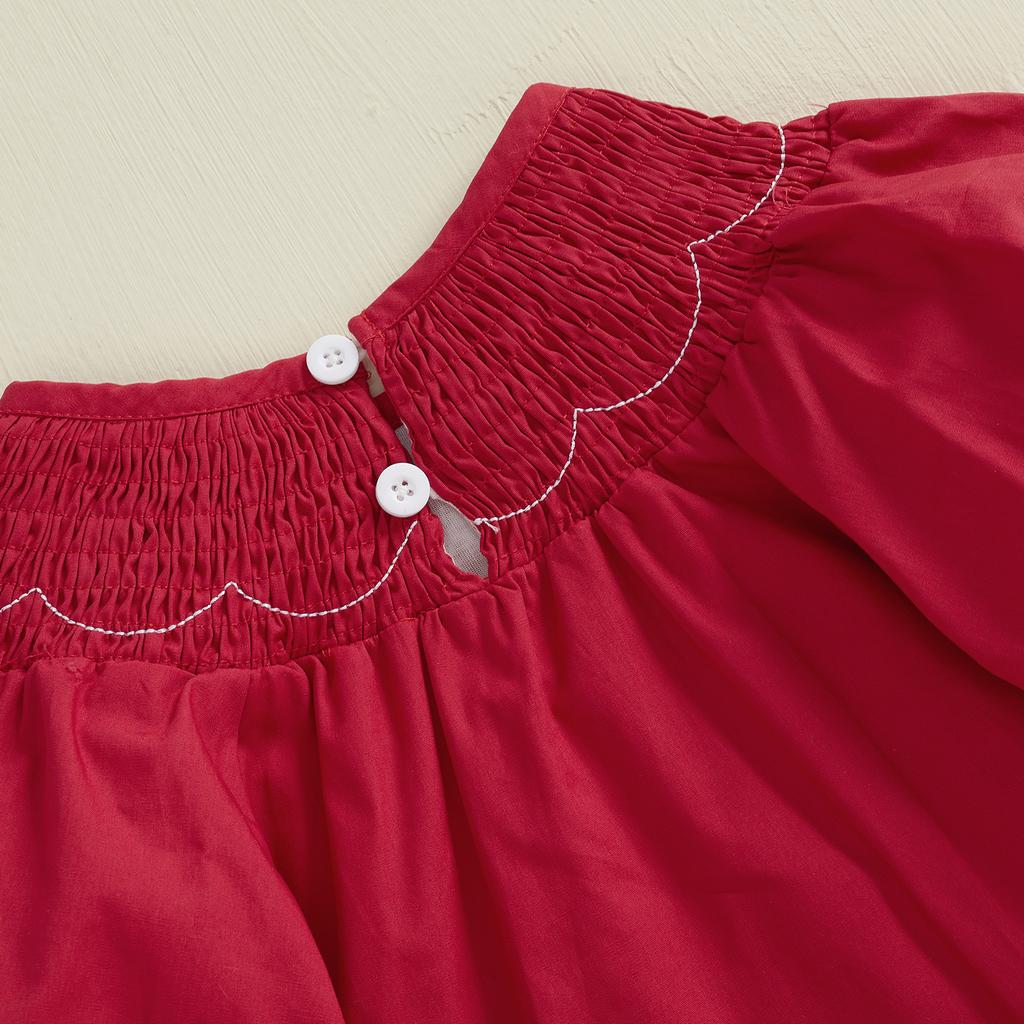 Toddler Baby Girl Smocked Romper Bow Embroidery Round Neck Long Sleeve Bubble Jumpsuit 