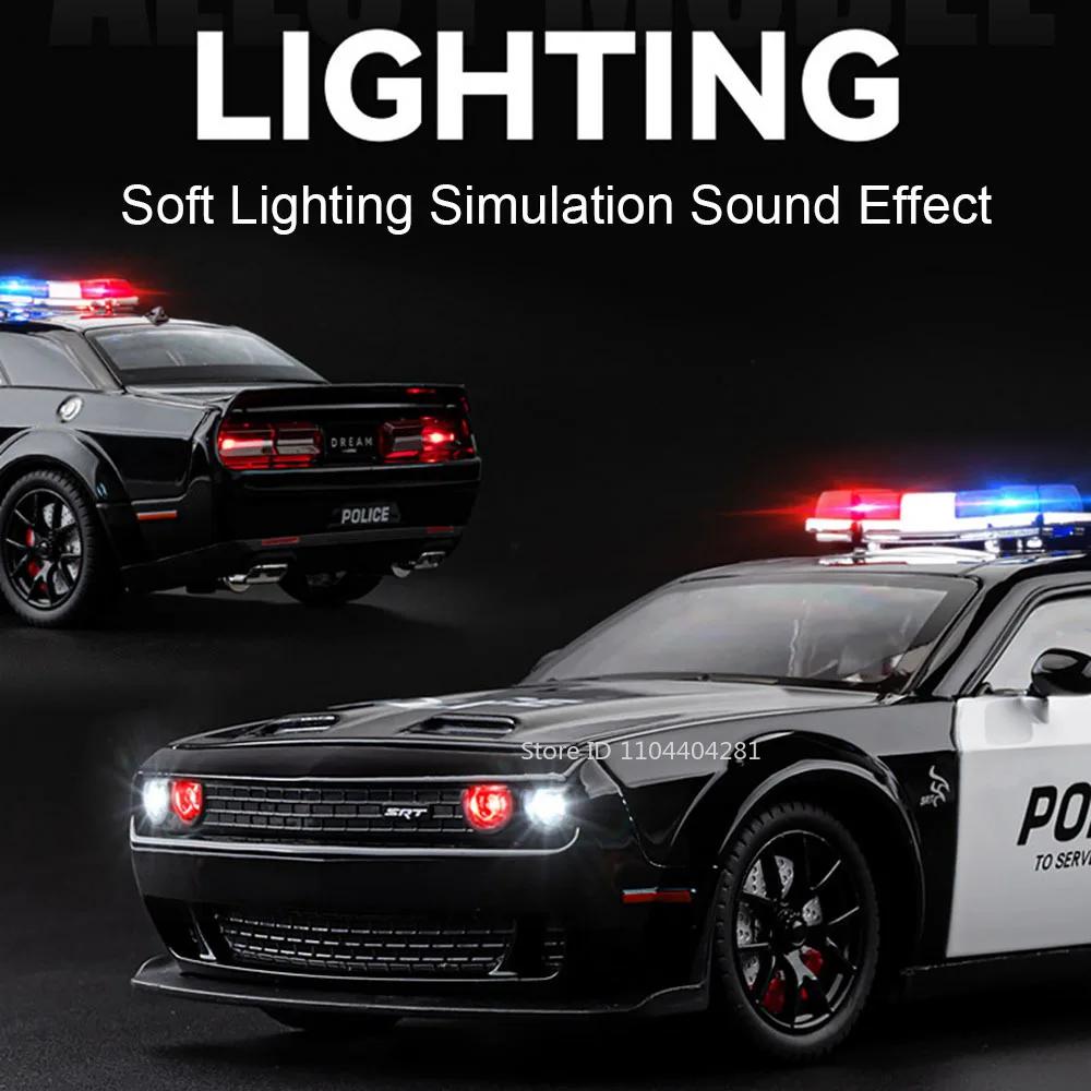 1:24 Challenger Srt Hellcat Legierungs-Polizeiauto Diecast Modell Spielzeug Vorderradlenkung Sound Licht Rückzugsfahrzeuge für Kinder Geschenk