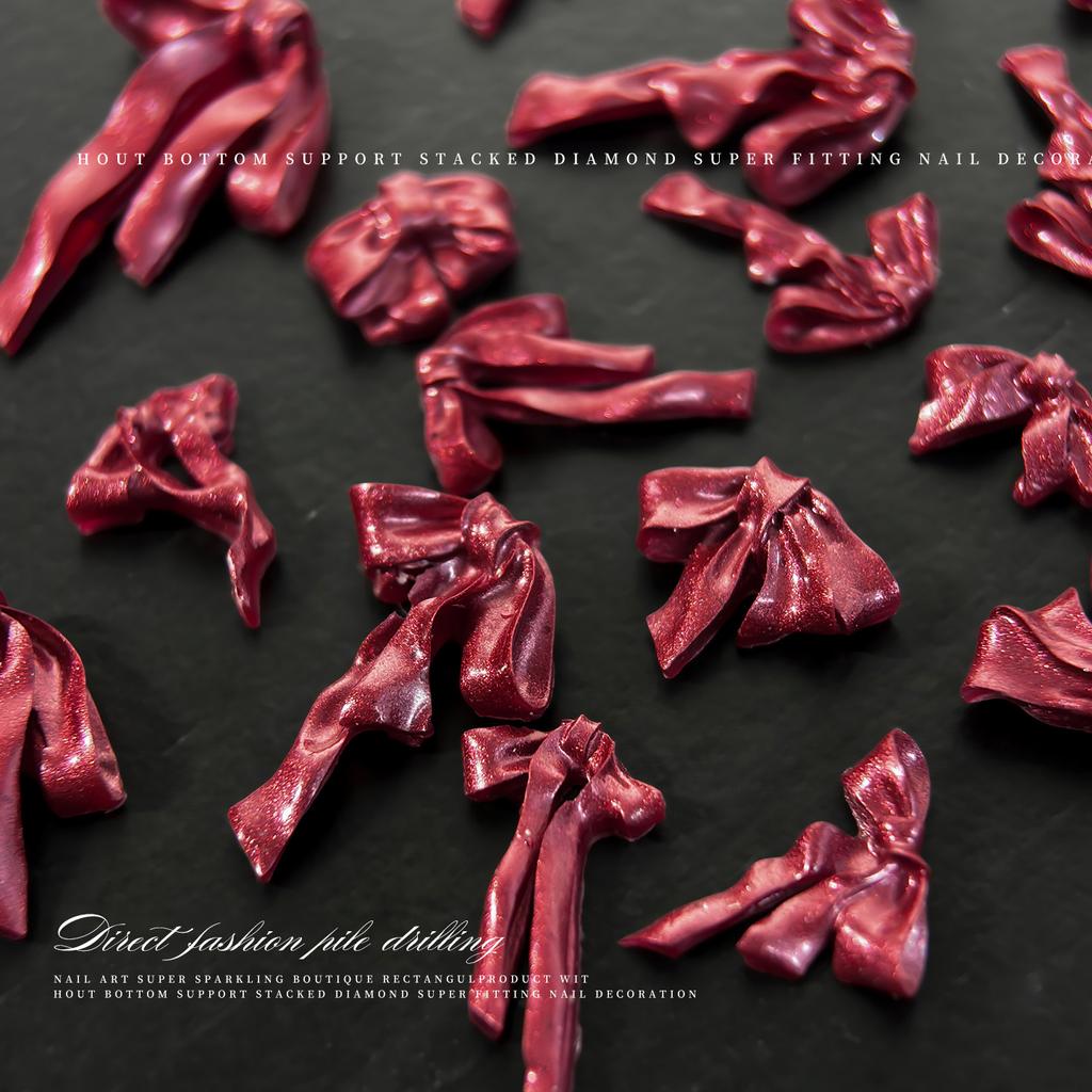 Satin New Red Nail Art Bow Decoration Mixed With Three-dimensional Pearl Ribbon Tie Soft Carving Resin