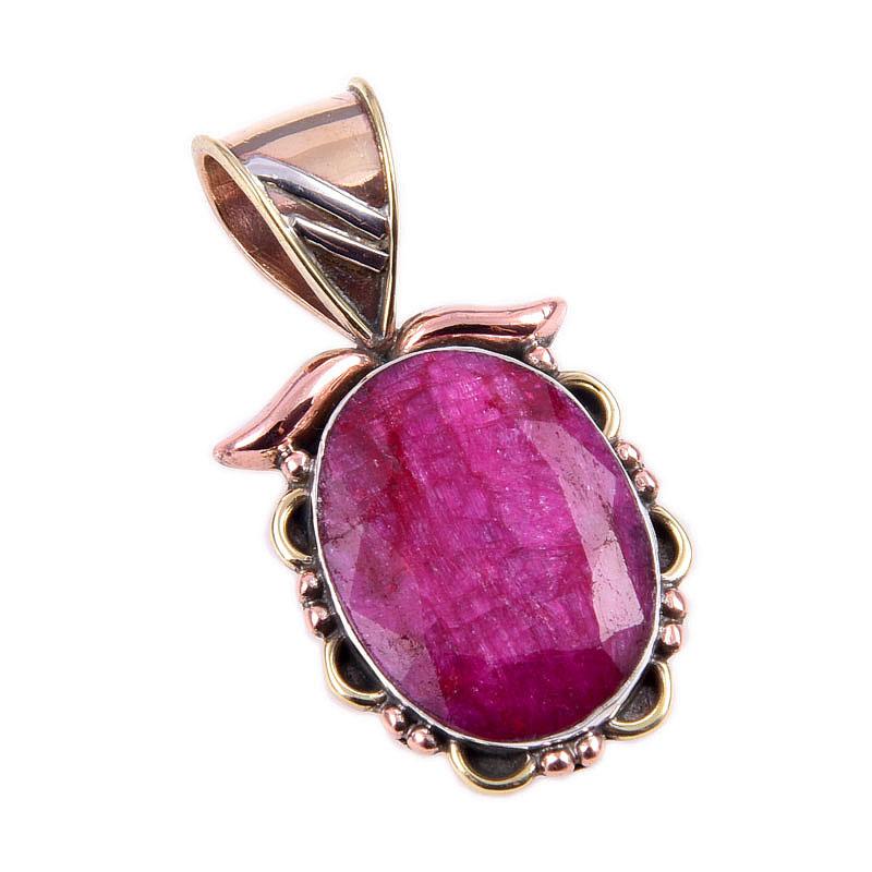 Red Ruby(Simulated) Handmade 925 Sterling Silver Two Tone Pendant 1.25" f1S57