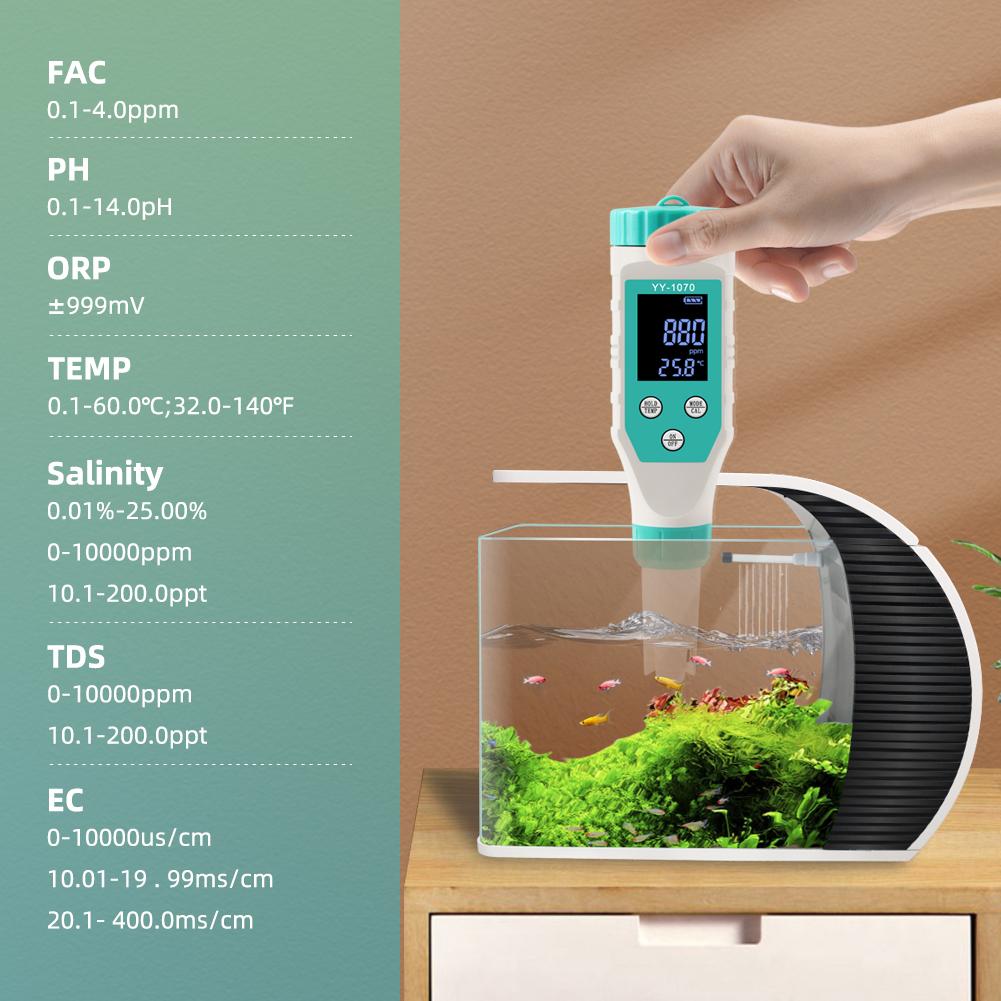 

7in1 Water Quality Monitor Chlorine PH Total Dissolved SALT ORP FAC EC Temperature Test Meter Multi-functional Mariculture Water Quality Tester