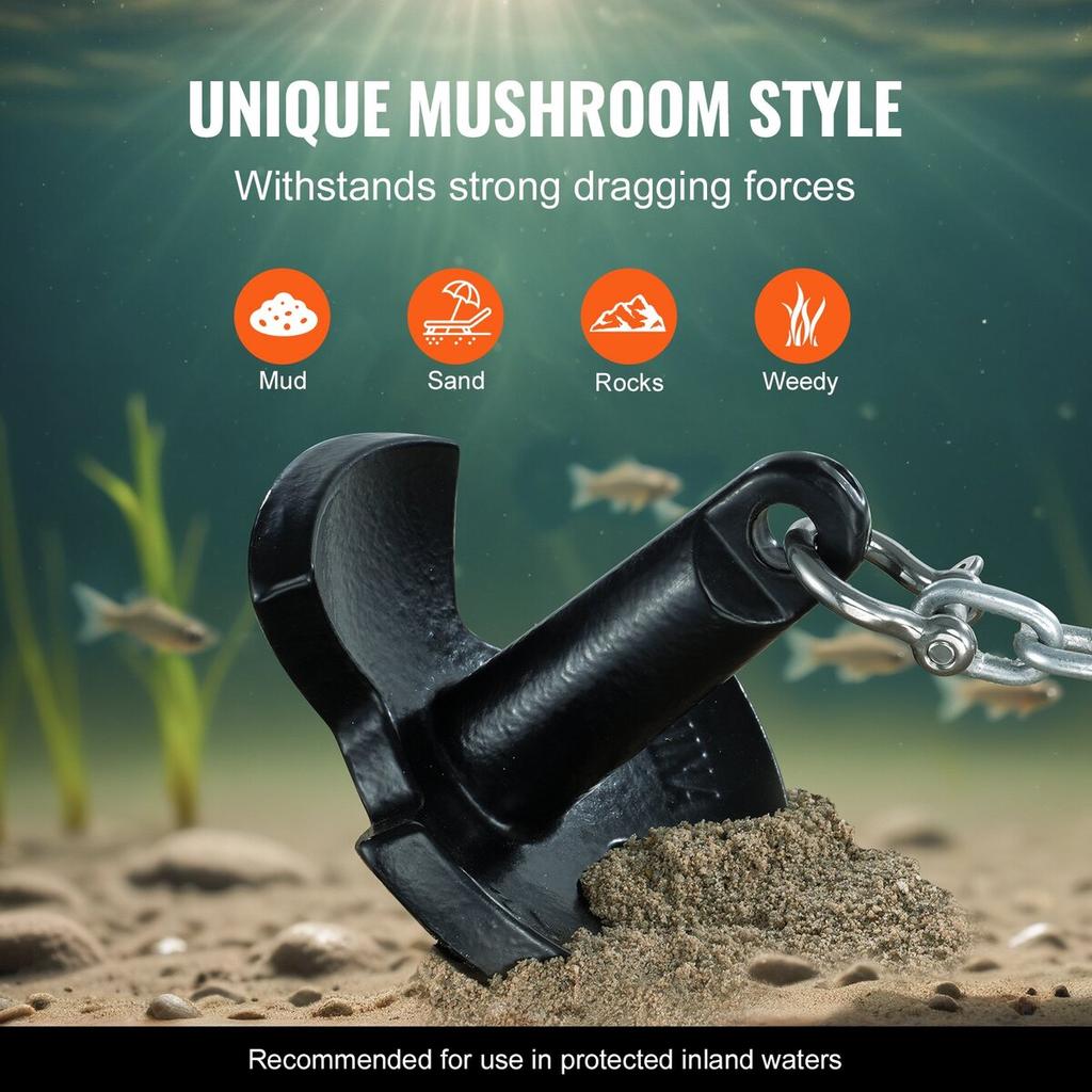 River Anchor 12 LBS Boat Anchor Cast Iron Black Vinyl-Coated with Shackle