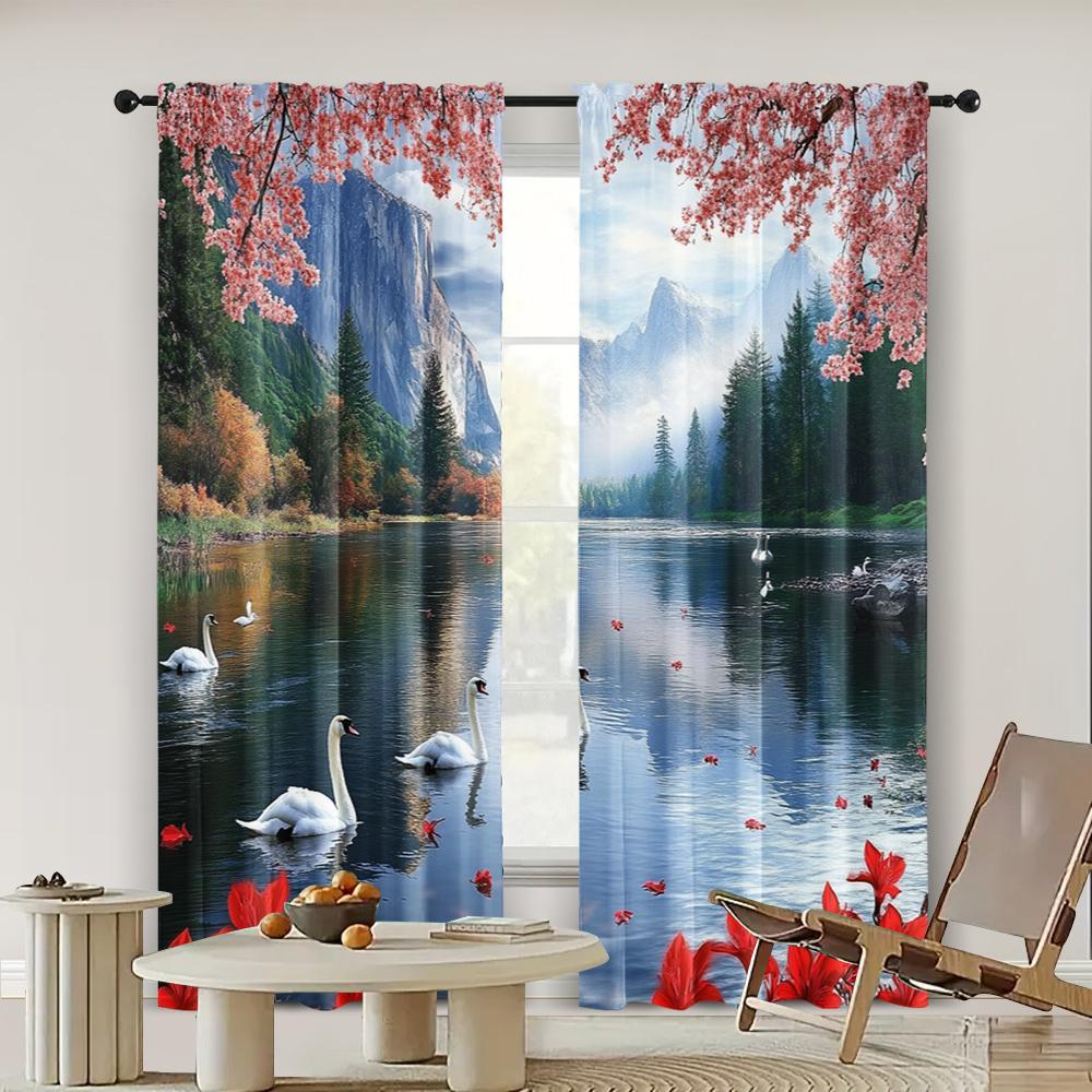 2pc,  Window Treatment Curtains The Picturesque Forest_ Swan Lake_ Seagulls_ Fish_ and Red Blooming Flower Party Blackout