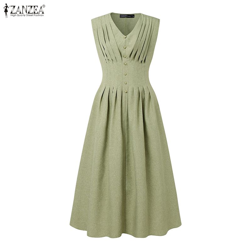 ZANZEA Rochie Casual de Vară cu Gât în V, Fără Mâneci pentru Femei