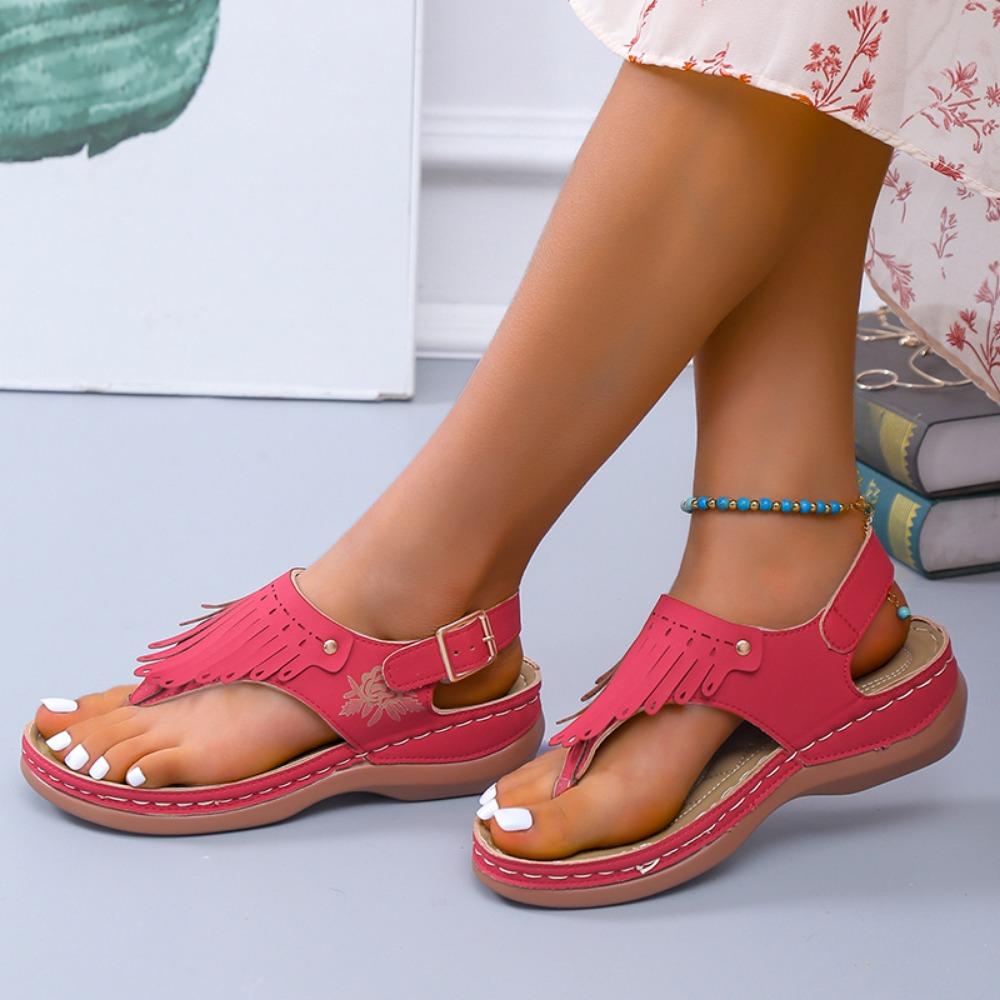 Large Size Tassel Leakage Toe Women's Sandals with Metal Needle Buckle Soft Sole Clip Toe Wedge  Zapatos De Mujer