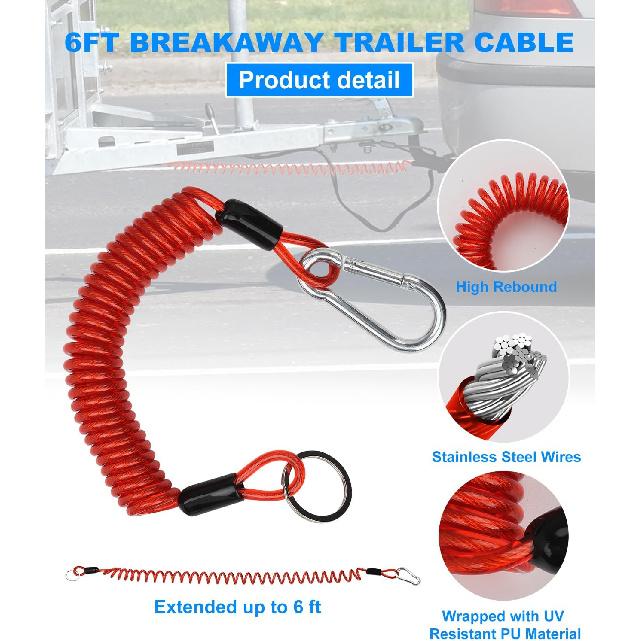 6FT Trailer Brake Away Cable, Trailer Breakaway Safety Cable Spring Towing Coiled Wire For RV Trailer Emergency Camper Breakaway Switch