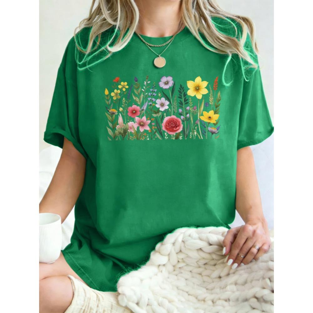 Rich Colors Simple Flowers Pattern Womens T Shirts Loose Cotton T-Shirt Summer O-Neck Short Sleeve Breathable Casual