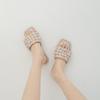 Sheepskin version of marshmallow square head leather woven slippers for women wearing new flat bottom one word lazy cool slippers for summer women