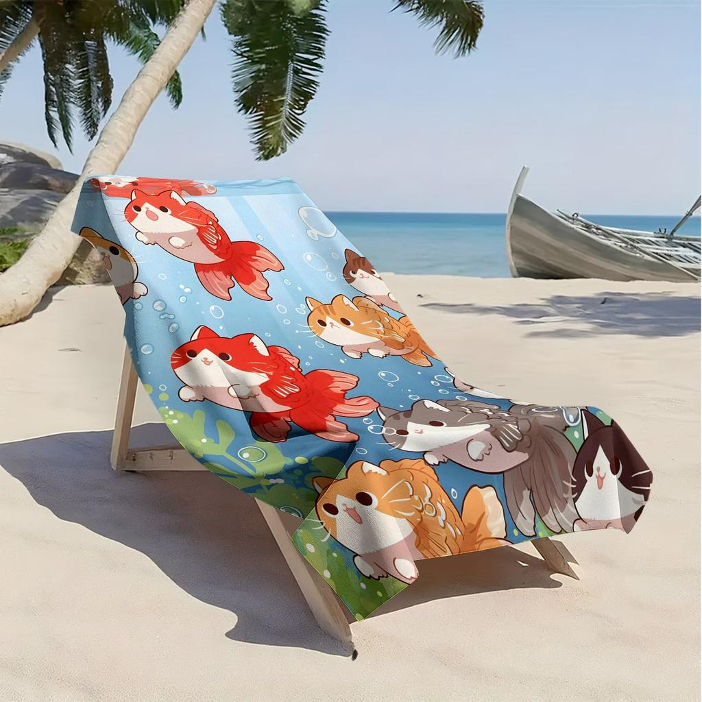 Cartoon cat and cute fish pattern polyester microfiber beach towel is highly absorbent, suitable for swimming and beach outings