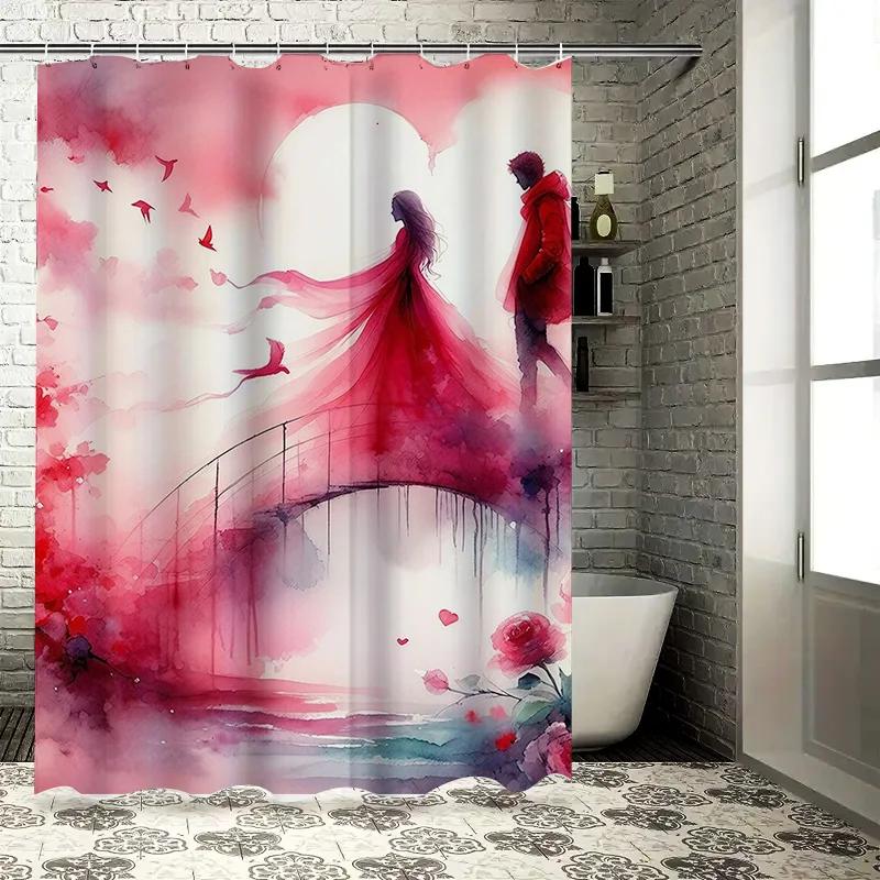 Romantic Couple On Bridge Waterproof Shower Curtain, Artistic Design for Bathroom Decor, Enhances Romantic Atmosphere