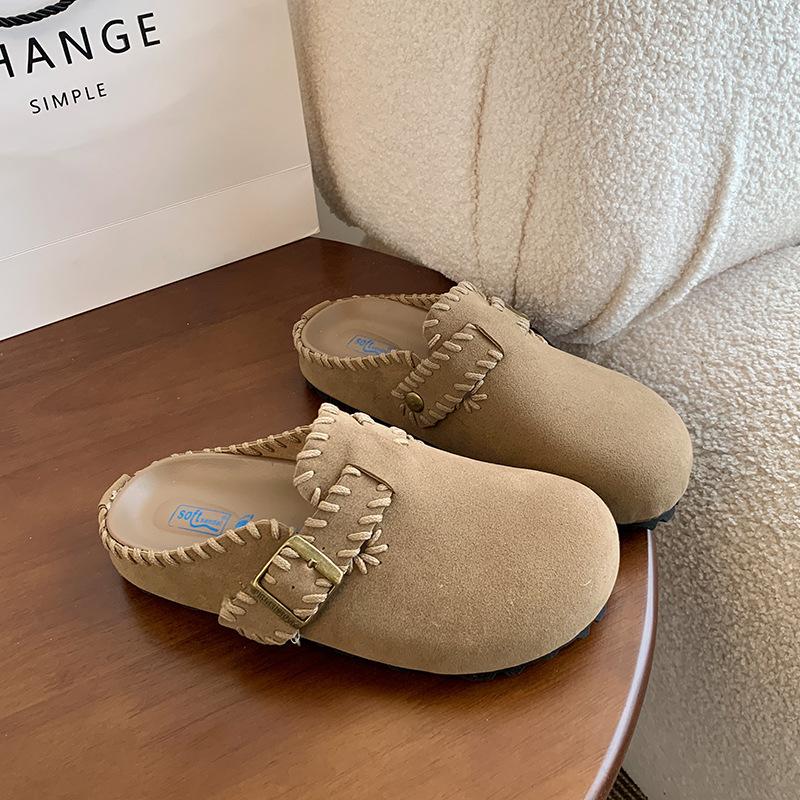 

2025 весна и лето новые поворотные меховые туфли-лодочки с одним ремешком, женские полутапочки на толстой подошве с увеличением высоты, ретро-тапочки 40