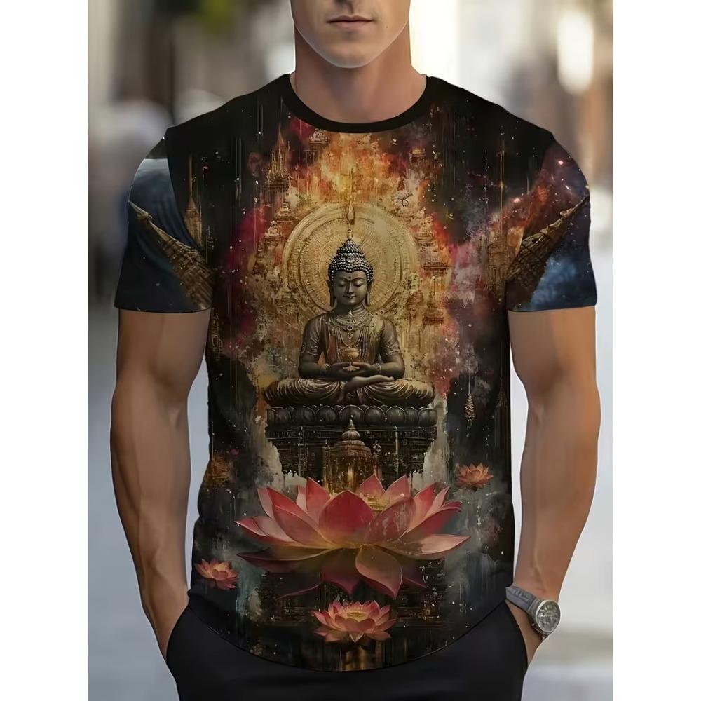 T-shirt da uomo con grafica Testa di Buddha Fiore Rosso Manica Corta Estiva Girocollo Religiosa Spirituale Casual Streetwear Tee Top
