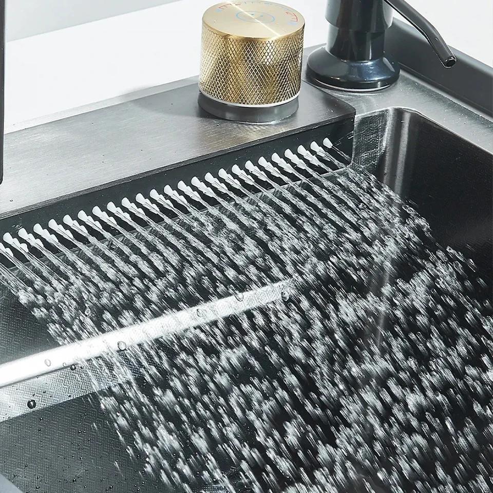304 Stainless Steel Brushed Waterfall Kitchen Sink 4-Hole Large Single Slot Integrated Faucet Set Soap Dispenser/Pure Water/Cup