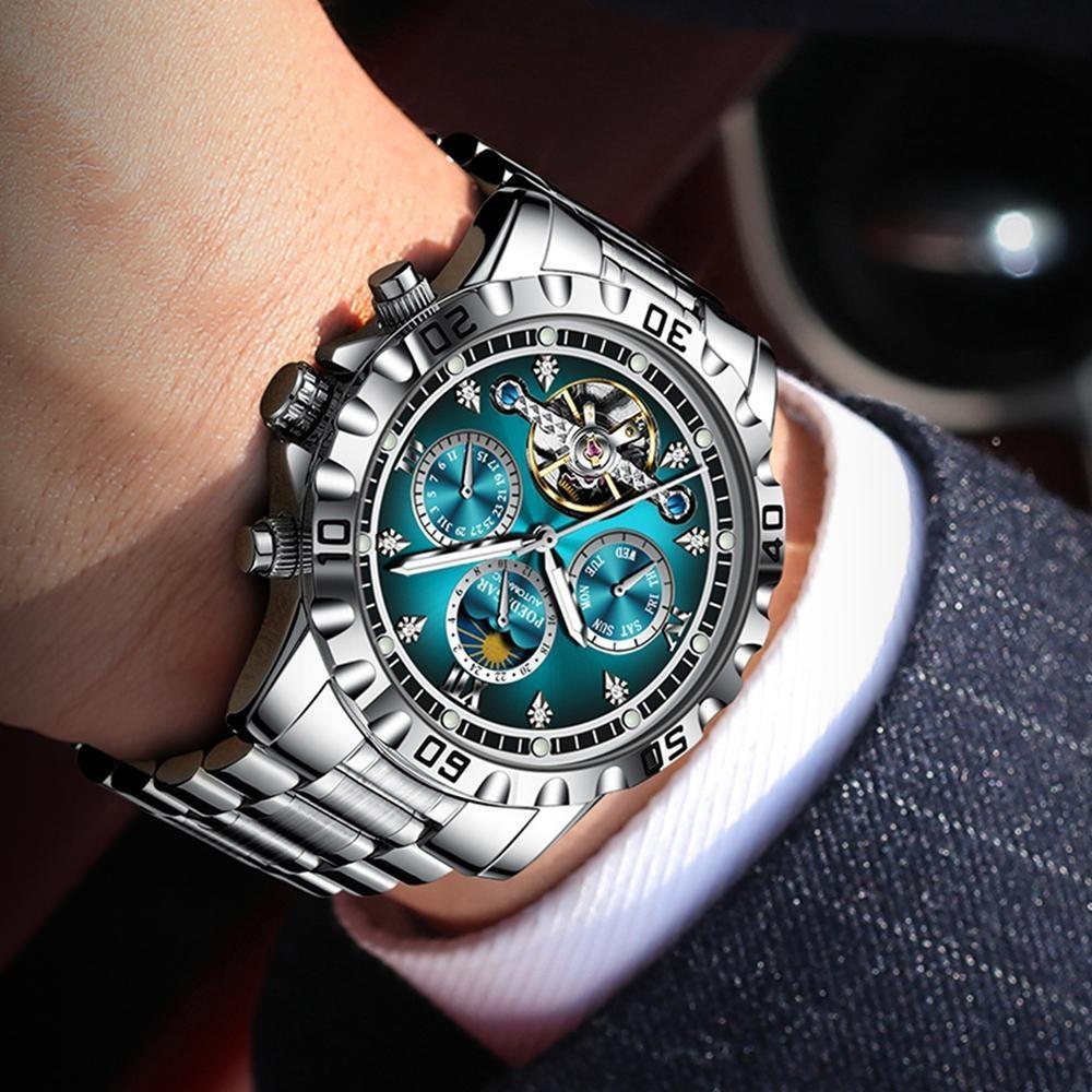 POEDAGAR Fashion Luxury Men Watch Automatic Date Week Man Wristwatch Hollow Tourbillon Mechanical Stainless Steel Men's Watches