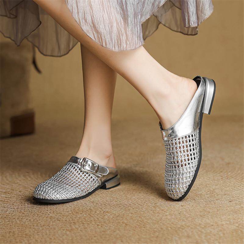Fashion New Summer Slippers Summer Shoes Round Toe Low Heels Sandals for Women Fashion Hollow Out Split Leather Slippers Ladies Shoes
