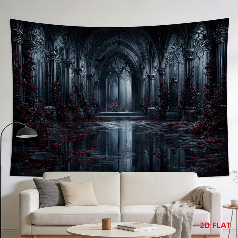2D Spooky Gothic Cathedral Tapestry Black Water Red Rose Halloween Wall Art