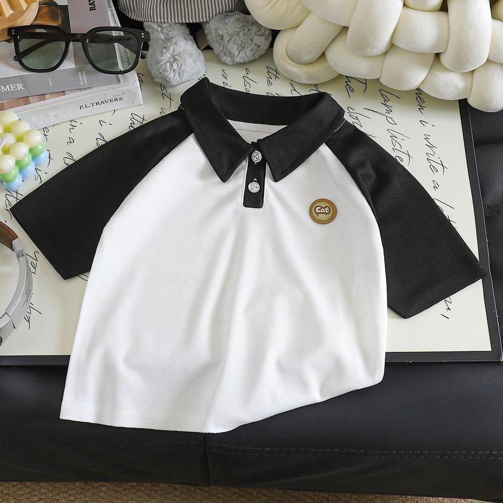 Children's Two-Tone Polo Collar Short Sleeve Sporty Summer Top