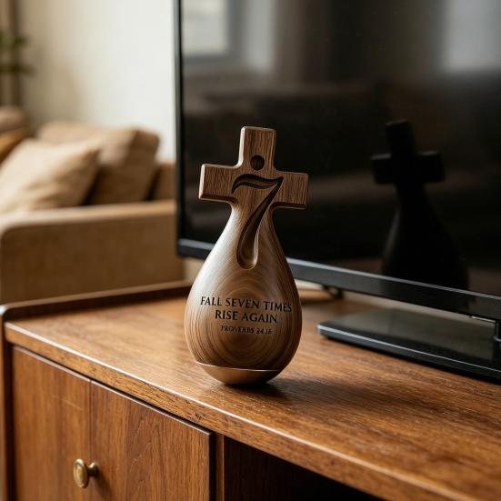 Wood Faithful Tabletop Ornament Christian Inspirational Figurine Fall Seven Times Rise Again Desktop Decoration Religious Gift for Home Church Office