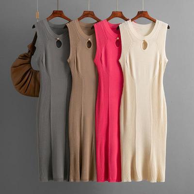 Summer Round Neck Sleeveless Ice Silk Knitted Dress With Slim Fit And Solid Color Base Skirt Mid Length Design