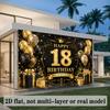2D flacher schwarz-goldenes Themen-Hintergrundstoff für den 18. Geburtstag mit goldenen Ballons und Geschenkboxenzyc