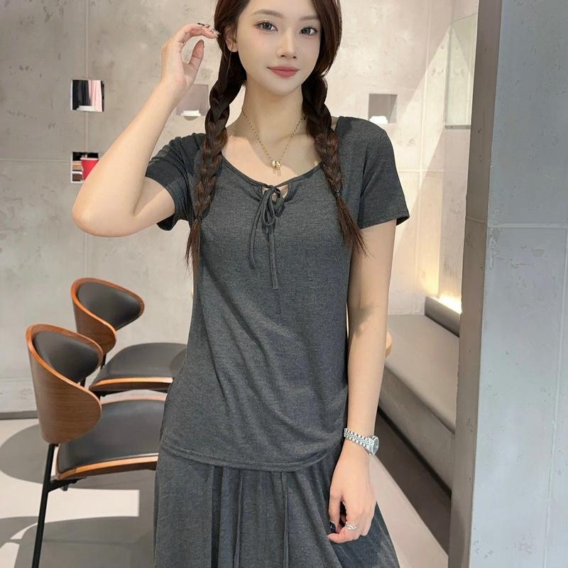 Korean Style Drawstring Modal Short Sleeve Tshirt Cute Slim Fit O Neck T-Shirt Lightweight & Soft Casual Tee Tops for Women Trendy Summer Basic Shirt