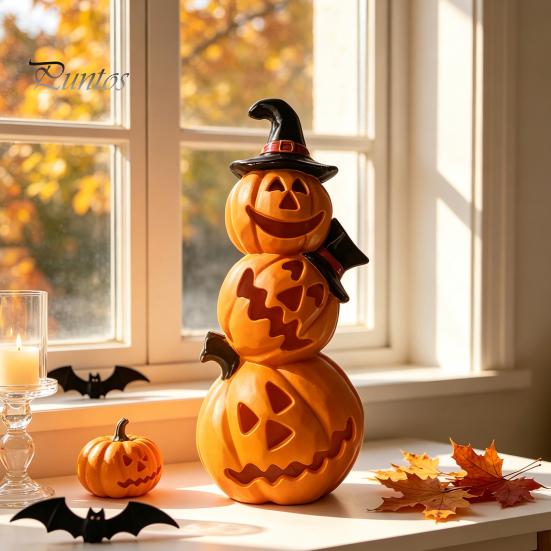 LED Pumpkin Light Halloween Spooky Lighted Figurine, Up Stacking Statue with Warm Decor Witch Hat for Home, Office, Haunt House, Indoor Outdoor Table