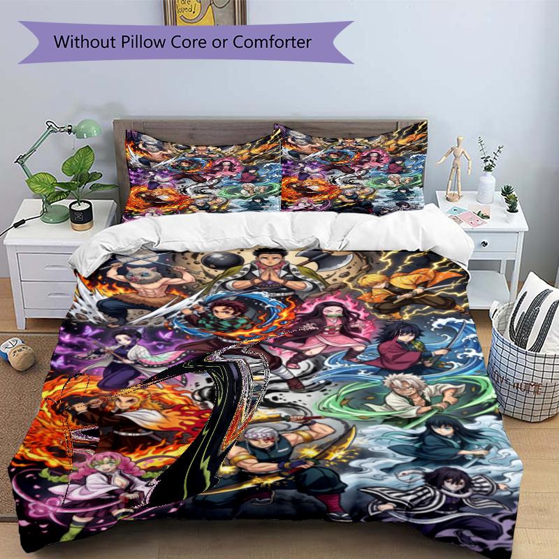 3pcs Duvet Cover Set (1*Duvet Cover + 2*Pillowcase, Without Core), Demon Slayer Print Bedding Set, Bedroom Decor, All‑Season, Gift