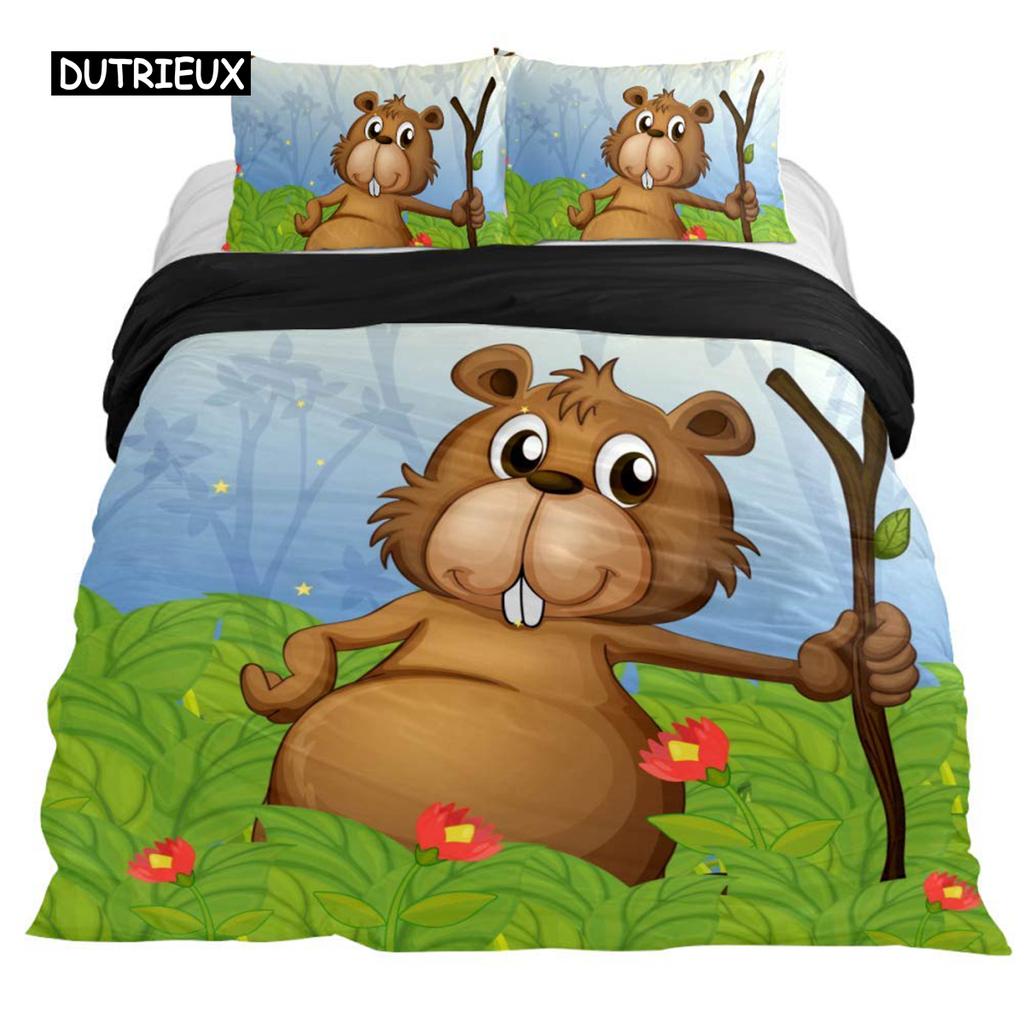 Bettbezug mit Cartoon-Biber, King-Size-Bett, schöne Tier-Bettwäsche-Set, für Kinder, Mädchen, Wildtiere, Polyester, Bettbezug, Kissenbezug