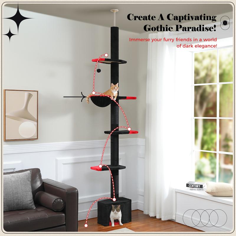 Adjustable Height Cat Tree for Indoor, Floor To Ceiling Cat Tower with Scratching Posts, Cat Condo, Hammock and Dangling Balls