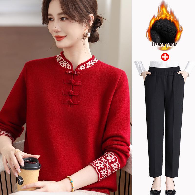 Year of the Rat Red Velvet Sweater for Mid-Aged and Elderly Women - Chinese Style Warm Winter Clothing