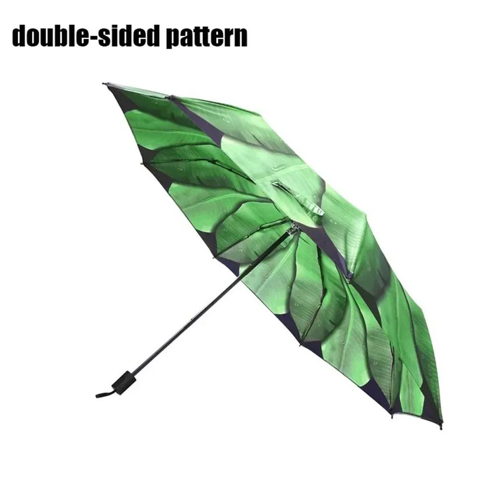 Banana Leaf Umbrella Windproof Three Folding Umbrella Anti-UV Sun Shade Parasol Sunny and Rainy Dual Use Umbrella for Outdoor
