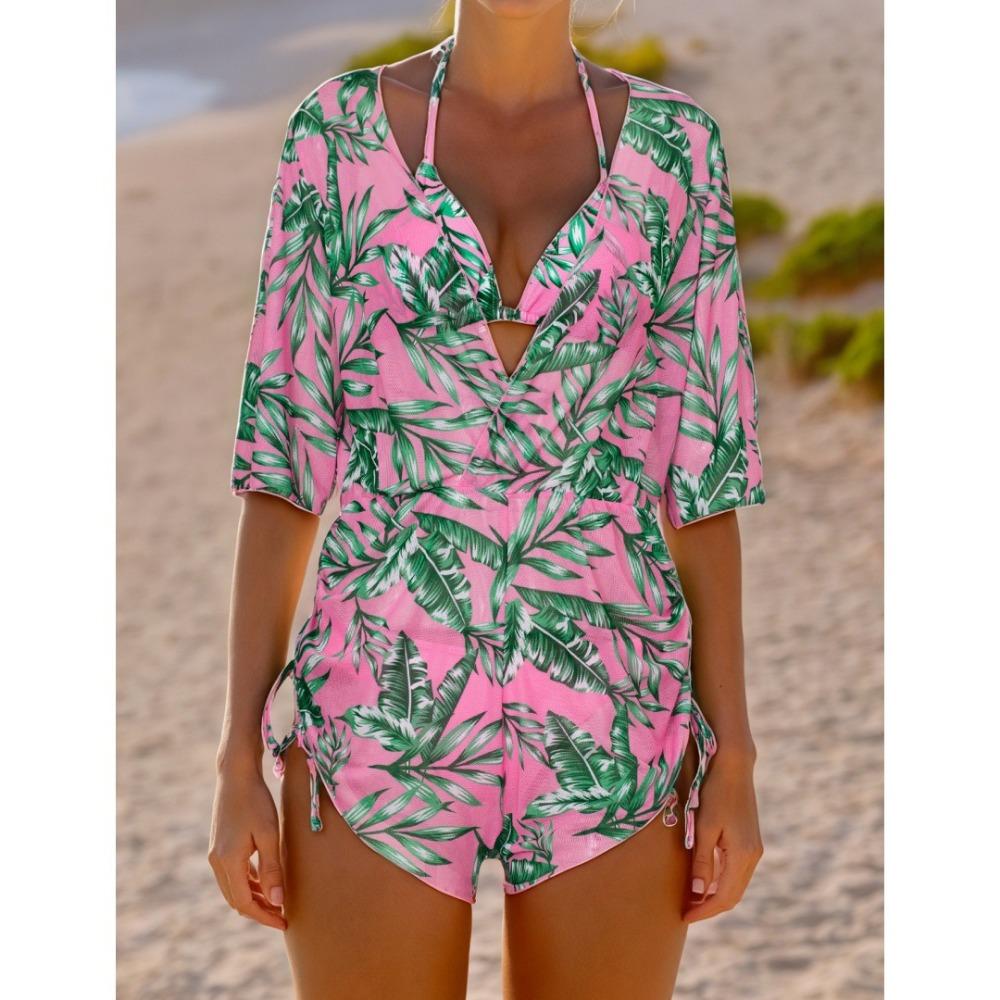 

Европейский и американский купальник-бикини из трех частей с принтом на талии, модный пляжный солнцезащитный купальник с длинными рукавами XL