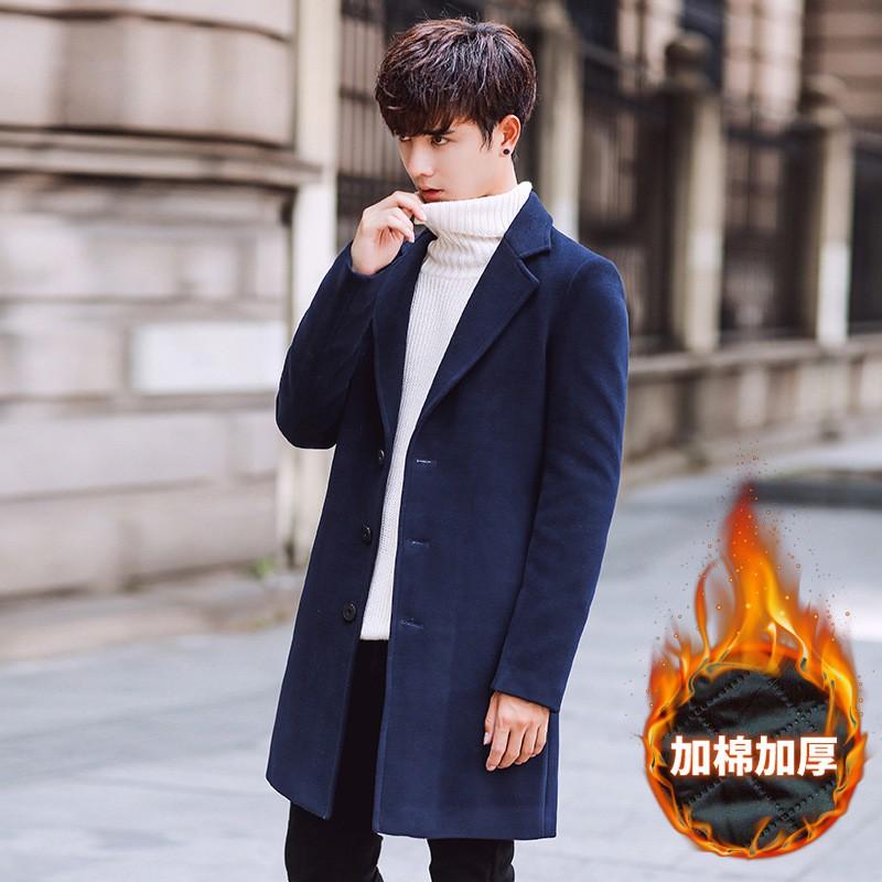 2019 Mens Wool Blend Coat Slim Fit Mid-Length Overcoat Thick Warm Winter Outerwear