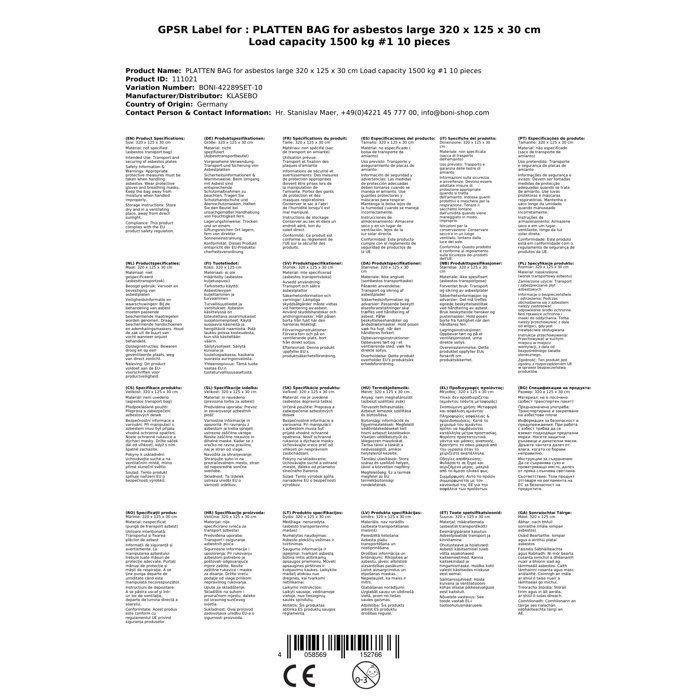PLATTEN BAG für Asbest groß 320 x 125 x 30 cm Tragkraft 1500 kg #1 10 Stück