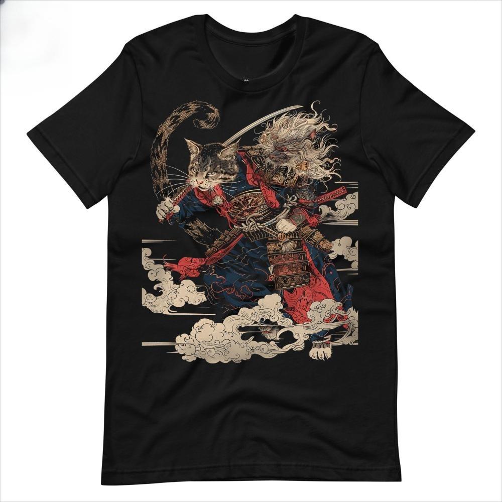 Vintage Japanese Samurai Cat T-shirt Ukiyo-e Bushido Kitten Sword Graphic Print Men Cotton Oversized Streetwear Short Sleeve Tee