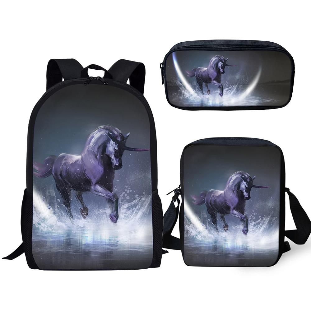 Classic Novelty Unicorn Horse 3D Print 3pcs/Set Pupil School Bags Laptop Daypack Backpack Inclined Shoulder Bag Pencil Case