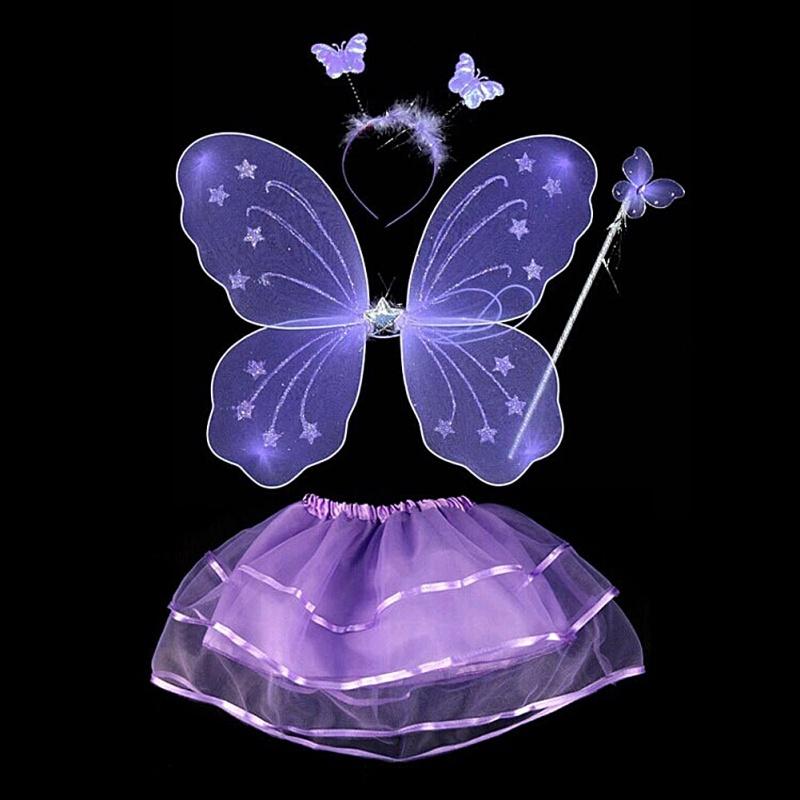 4Pcs Fairy Princess Children Costume Sets Butterfly Wings Wand Headband Tutu Skirt