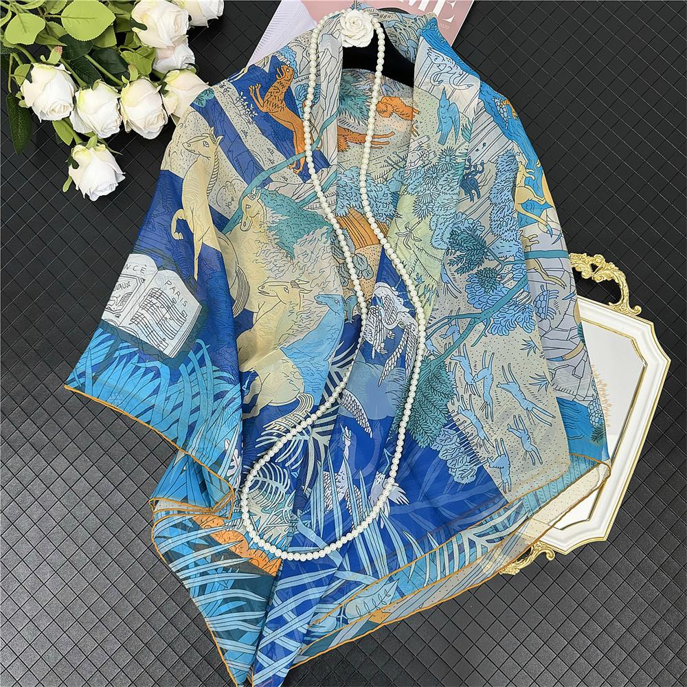 POBING Silk Cashmere Scarf Women Hand Rolled Shawls Fashion Printed Square Scarves Wraps Lady Bandana Big Hijabs Female Foulards