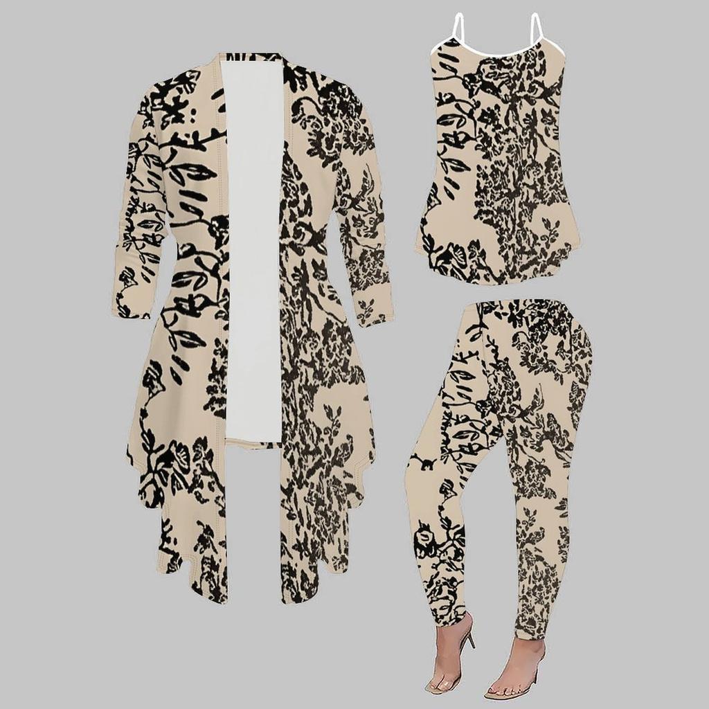 Plus Size Floral Print 3 Piece Outfit, Long Sleeve Open Front Cardigan Cami Top Leggings Set for Women