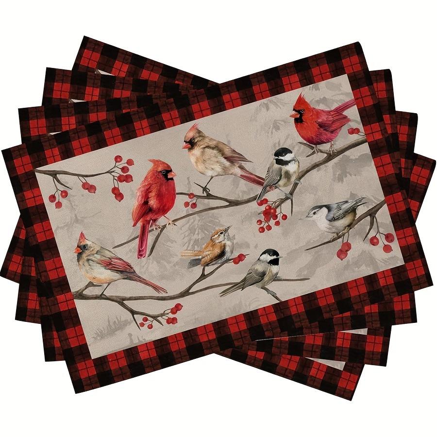 1-Pack Vintage Bird Branch Plaid Linen Placemats,Christmas Farmhouse Holiday Party Decor, Red Buffalo Plaid Design 1PC 30X45cm