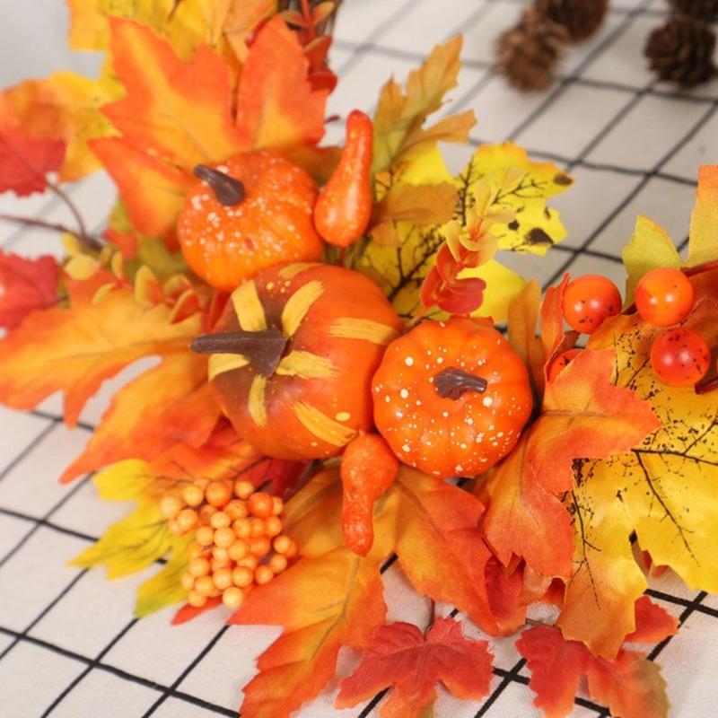 New 14 Inch Artificial Fall Rattan Wreath Harvest Thanksgiving Halloween Home Decor for Front Door with Pumpkins Maple Leaf Berry